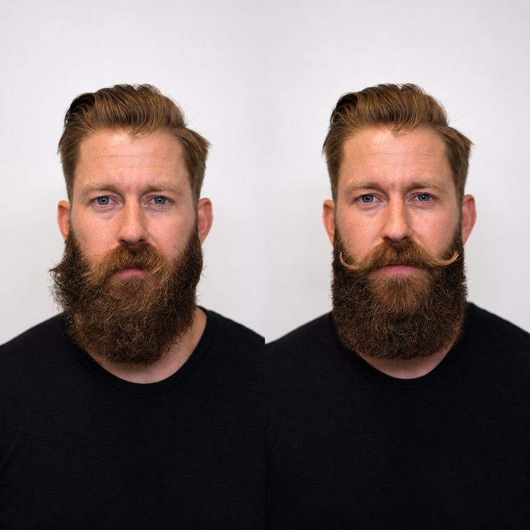 Before and after: an unkempt beard groomed into a soft, healthy one