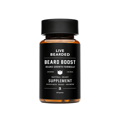 Beard growth supplement bottle with black label on a white background