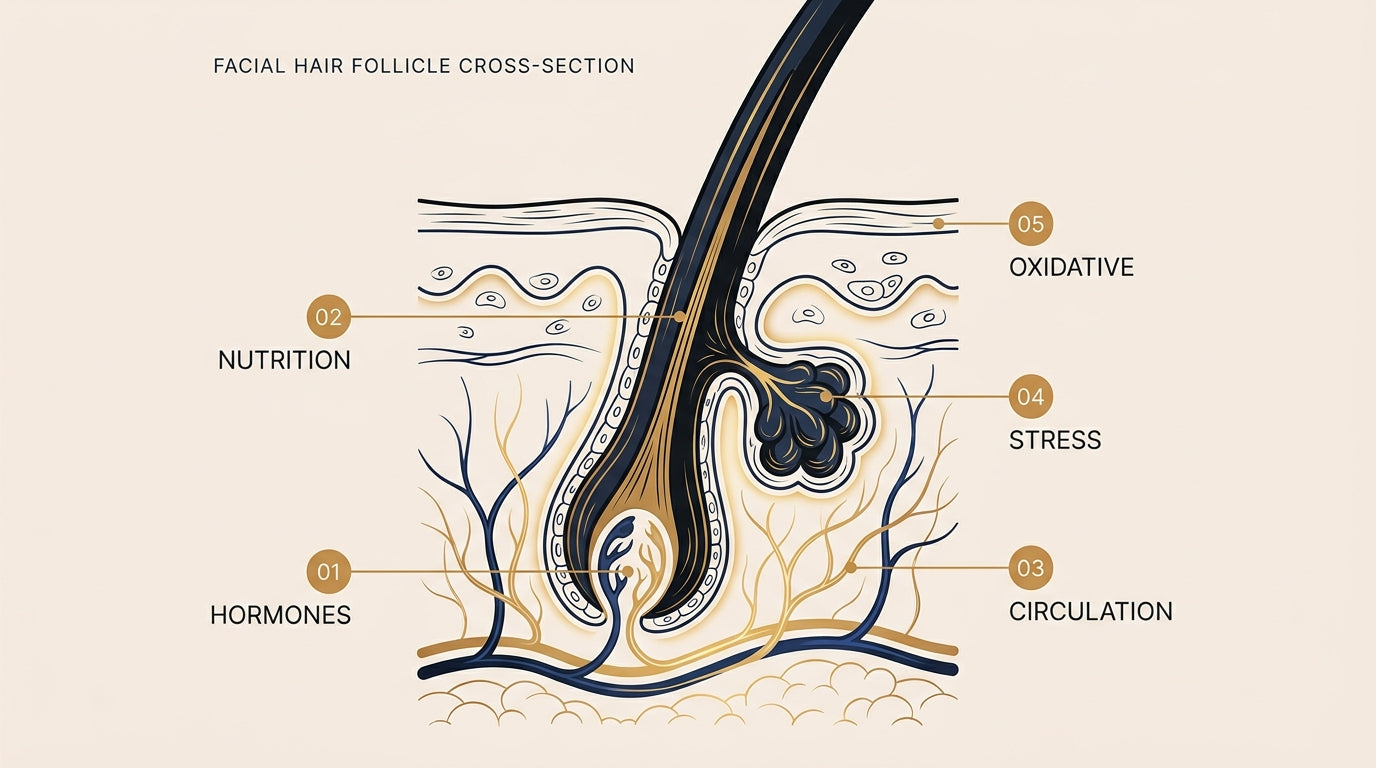 Hair follicle cross-section showing the 5 biological pathways