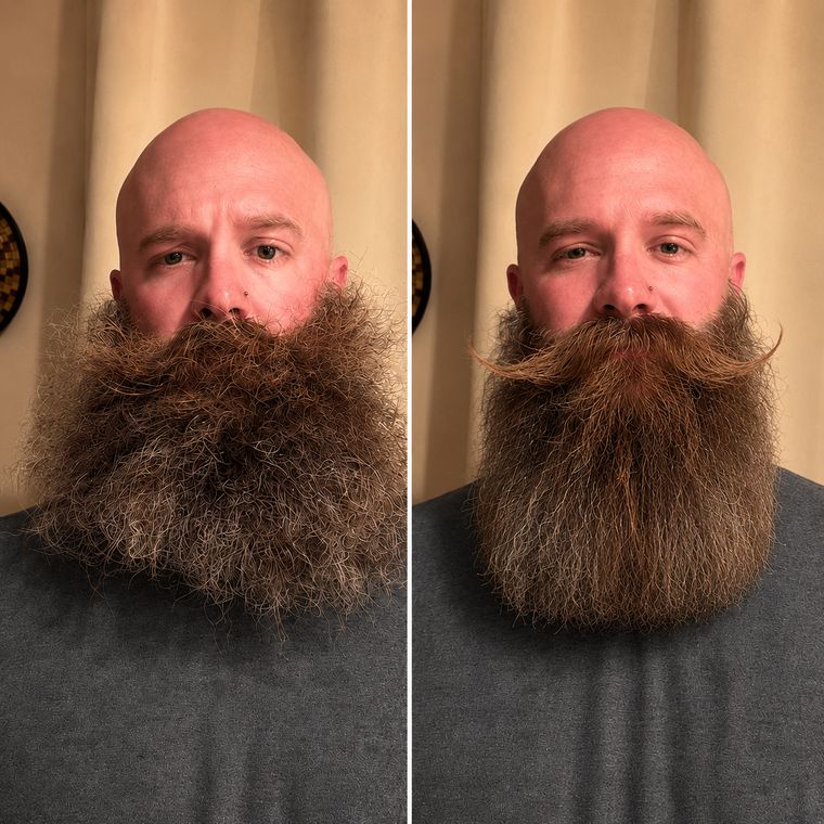 Before and after: a scraggly, dry beard groomed into a soft, healthy one