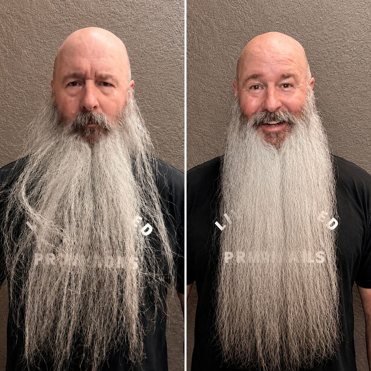 Before and after: a scraggly, dry beard groomed into a soft, healthy one