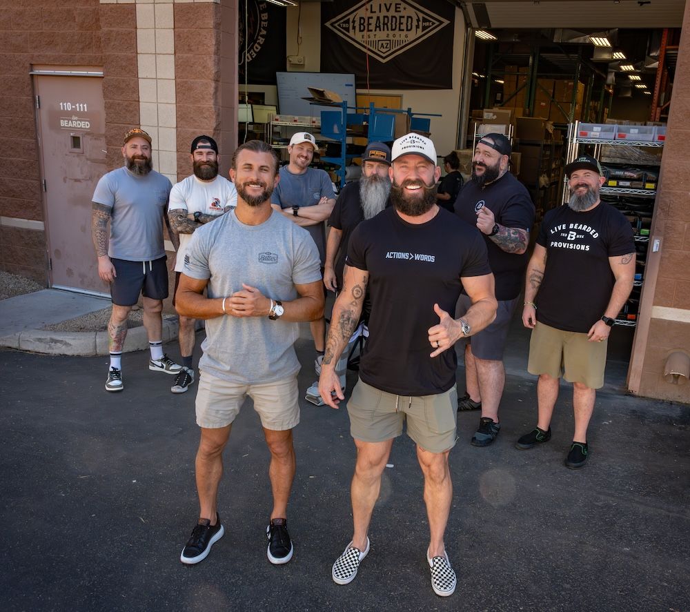 The Live Bearded crew, real bearded men, together at the barbershop